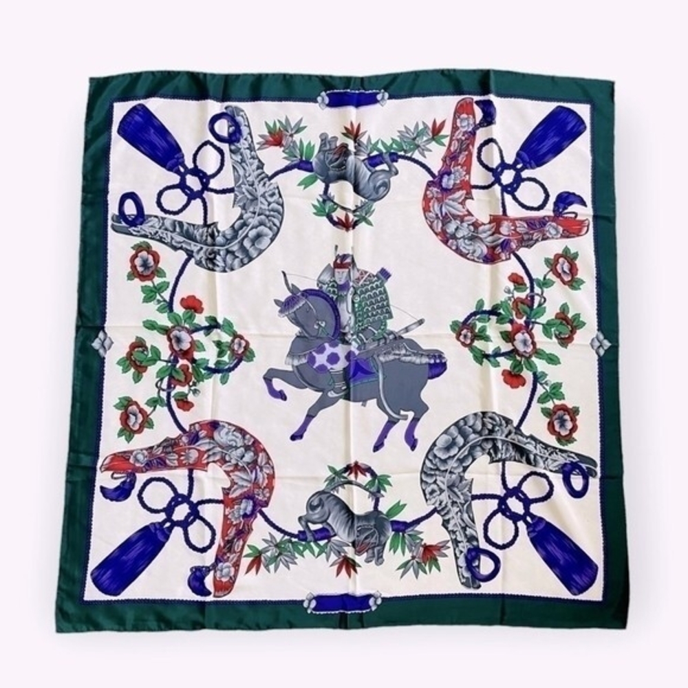 Designer Equestrian Animal Print Silk Scarf 34"x34" Handmade France Purple Green